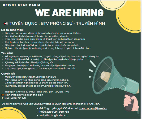 Bright Star Media tuyển Biên tập viên